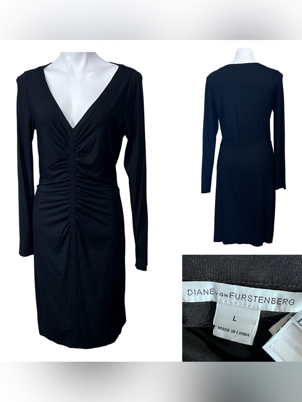 Diane Von Furstenberg Dress sz L Black Long-Sleeve V-Neck Ruched Front